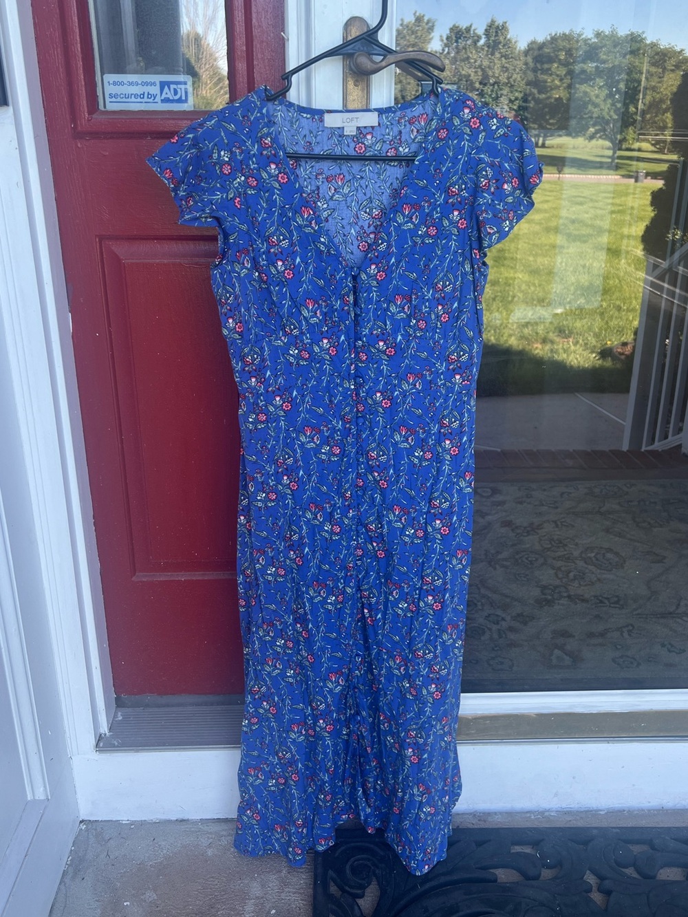 LOFT Blue Floral Button-Front V-Neck Midi Dress - Picture 3 of 9